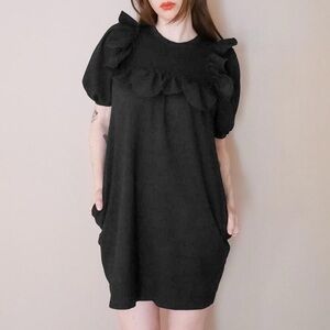 Simone Rocha black puff sleeve baby doll dress with round ruffle neckline sz s
